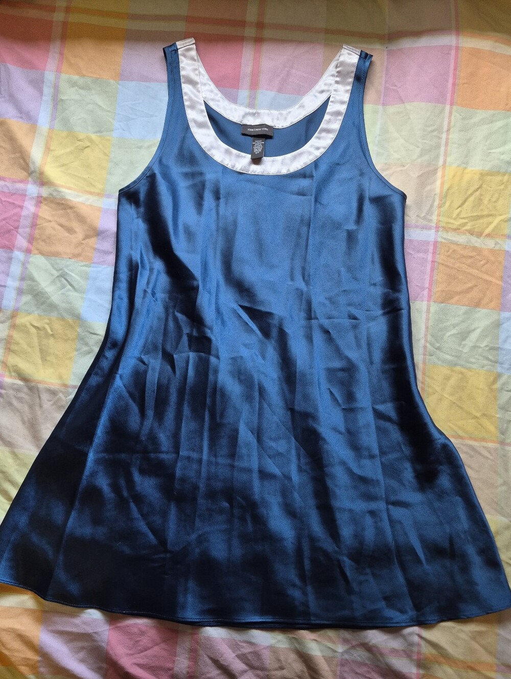 Jones New York Blue Satin Sleeveless Slip Dress with Silver Trim